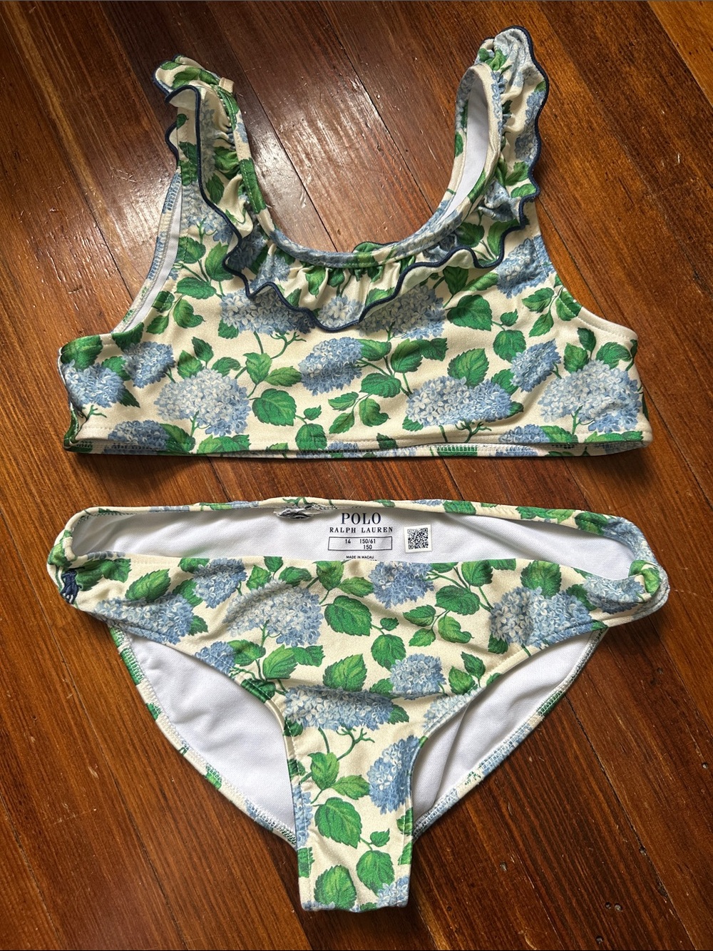 Polo by Ralph Lauren Cream Blue and Green Hydrangea Ruffle Bikini